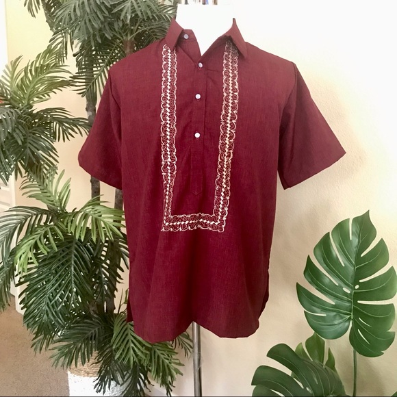 Maroon Embroidered Polo Barong Tagalog made of Hugo - Picture 4 of 9